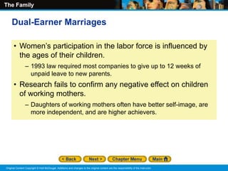 The Family
Original Content Copyright © Holt McDougal. Additions and changes to the original content are the responsibility of the instructor.
• Women’s participation in the labor force is influenced by
the ages of their children.
– 1993 law required most companies to give up to 12 weeks of
unpaid leave to new parents.
• Research fails to confirm any negative effect on children
of working mothers.
– Daughters of working mothers often have better self-image, are
more independent, and are higher achievers.
Dual-Earner Marriages
 