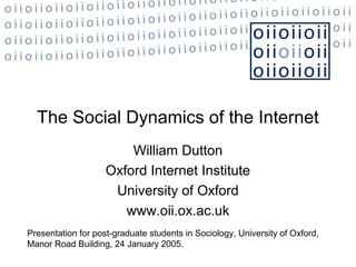 The Social Dynamics of the Internet
William Dutton
Oxford Internet Institute
University of Oxford
www.oii.ox.ac.uk
Presentation for post-graduate students in Sociology, University of Oxford,
Manor Road Building, 24 January 2005.
 