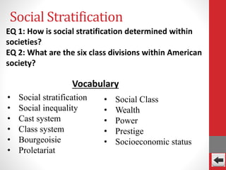 Social Stratification
Vocabulary
• Social stratification
• Social inequality
• Cast system
• Class system
• Bourgeoisie
• Proletariat
EQ 1: How is social stratification determined within
societies?
EQ 2: What are the six class divisions within American
society?
• Social Class
• Wealth
• Power
• Prestige
• Socioeconomic status
 