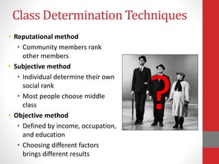 Class Determination Techniques
• Reputational method
• Community members rank
other members
• Subjective method
• Individual determine their own
social rank
• Most people choose middle
class
• Objective method
• Defined by income, occupation,
and education
• Choosing different factors
brings different results
?
 