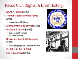 Racial Civil Rights: A Brief History
• NAACP Formed (1909)
• Truman-Executive Order 9981
(1948)
• Integration of Military
• Montgomery Bus Boycott (1955)
• Browder v. Gayle (1956)
• Bus segregation was
unconstitutional
• Brown vs. Board of Education
(1956)
• School segregation unconstitutional
• Civil Rights Act of 1964
• Fair Housing Act (1968)
 