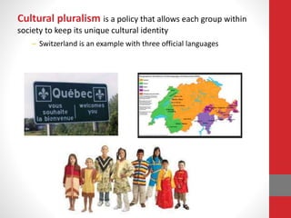 Cultural pluralism is a policy that allows each group within
society to keep its unique cultural identity
– Switzerland is an example with three official languages
 