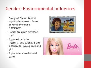 Gender: Environmental Influences
• Margaret Mead studied
expectations across three
cultures and found
differences.
• Babies are given different
toys.
• Expected behavior,
interests, and strengths are
different for young boys and
girls.
• Expectations are learned
early.
 