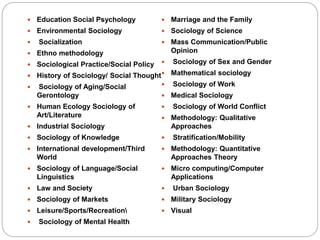  Education Social Psychology
 Environmental Sociology
 Socialization
 Ethno methodology
 Sociological Practice/Social Policy
 History of Sociology/ Social Thought
 Sociology of Aging/Social
Gerontology
 Human Ecology Sociology of
Art/Literature
 Industrial Sociology
 Sociology of Knowledge
 International development/Third
World
 Sociology of Language/Social
Linguistics
 Law and Society
 Sociology of Markets
 Leisure/Sports/Recreation
 Sociology of Mental Health
 Marriage and the Family
 Sociology of Science
 Mass Communication/Public
Opinion
 Sociology of Sex and Gender
 Mathematical sociology
 Sociology of Work
 Medical Sociology
 Sociology of World Conflict
 Methodology: Qualitative
Approaches
 Stratification/Mobility
 Methodology: Quantitative
Approaches Theory
 Micro computing/Computer
Applications
 Urban Sociology
 Military Sociology
 Visual
 