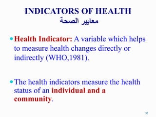 INDICATORS OF HEALTH
‫الصحة‬ ‫معايير‬
Health Indicator: A variable which helps
to measure health changes directly or
indi...