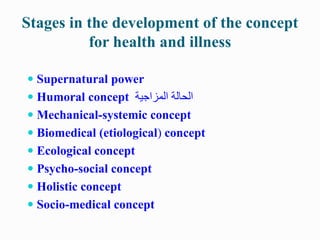 Stages in the development of the concept
for health and illness
 Supernatural power
 Humoral concept ‫المزاجية‬ ‫الحالة‬...