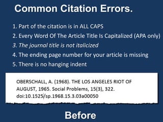 Common Citation Errors.
1. Part of the citation is in ALL CAPS
2. Every Word Of The Article Title Is Capitalized (APA only)
3. The journal title is not italicized
4. The ending page number for your article is missing
5. There is no hanging indent
Before
 