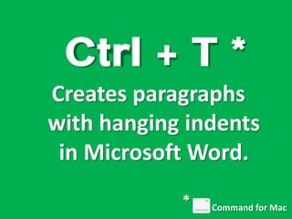 Ctrl + T *
Creates paragraphs
with hanging indents
in Microsoft Word.
Command for Mac
*
 