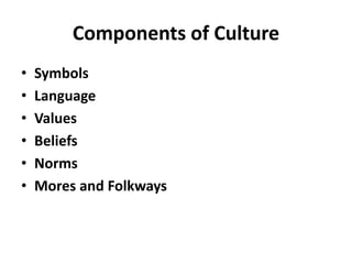 Components of Culture
• Symbols
• Language
• Values
• Beliefs
• Norms
• Mores and Folkways
 