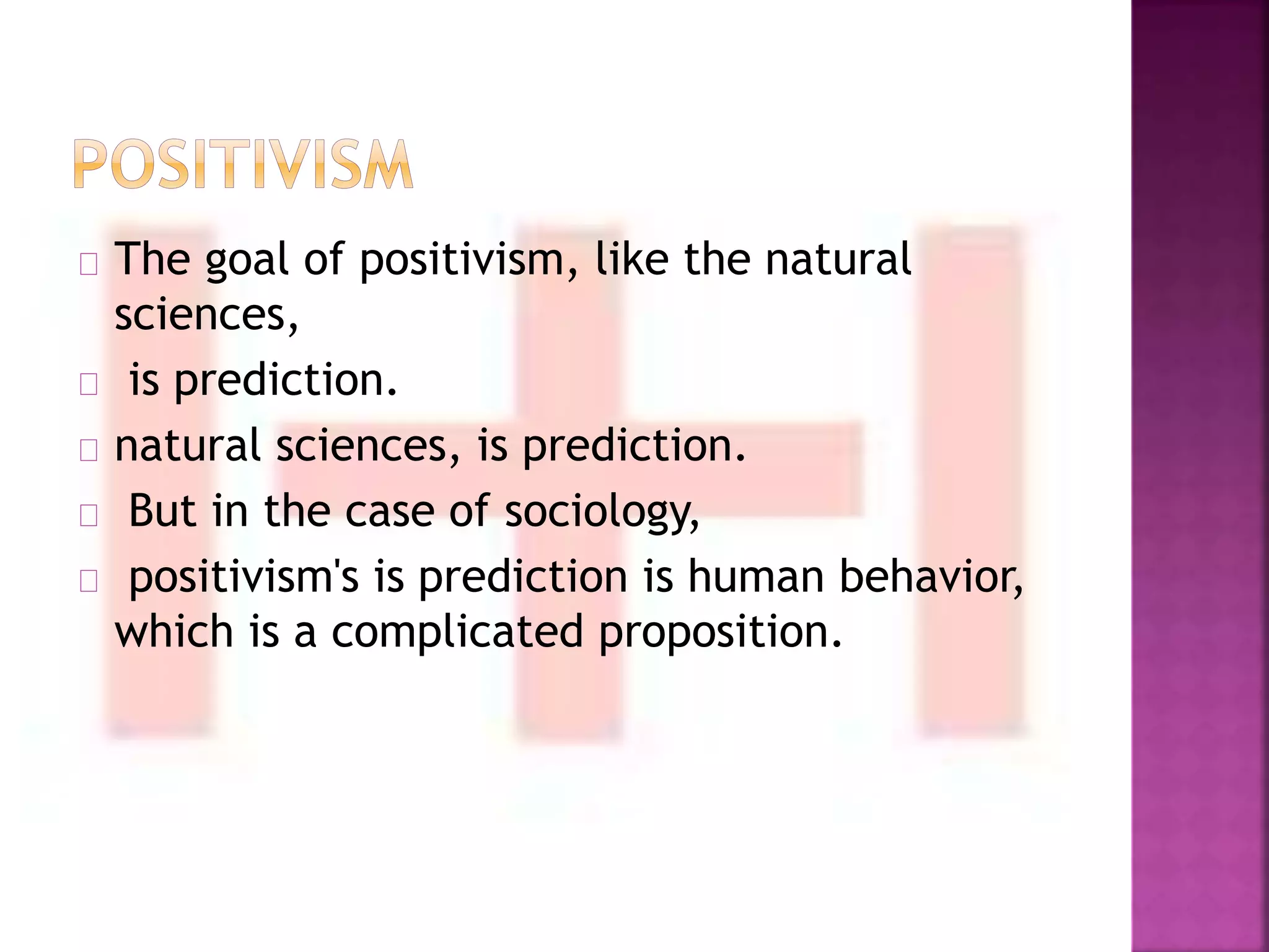 The goal of positivism, like the natural 
sciences, 
is prediction. 
natural sciences, is prediction. 
But in the case of sociology, 
positivism's is prediction is human behavior, 
which is a complicated proposition. 
 