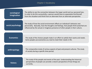 Chapter	1	Vocabulary	
	
1	
	sociological					
	imagina+on	
social	psychology		
The	study	of	the	choices	people	make	in	an	eﬀort	to	sa:sfy	their	wants	and	needs.	
Some	people	use	economics	as	a	tool	to	meet	their	needs	in	life.	
Economics	
	
The	compara:ve	study	of	various	aspects	of	past	and	present	cultures.	The	study	
of	society	during	a	speciﬁc	:me	period.		
	
anthropology		
The	study	of	how	the	social	environment	aﬀects	an	individual's	behavior	and	
personality.		Basically,	how	the	thoughts	and	feelings,	that	people	think	(and)	feel	are	
inﬂuenced	by	the	actual	or	imaginary	presence	of	other	people	in	their	culture.	
	
The	ability	to	see	the	connec:on	between	the	larger	world	and	our	personal	lives.	
In	order	to	do	this	successfully,	a	person	would	have	to	separatete	him/herself	
from	the	situa:on	and	think	from	an	alternate	from	an	alternate	perspec:ve.			
	
history	
		
	
The	study	of	the	people	and	events	of	the	past.	Understanding	the	historical	
perspec:ves	of	people	can	provide	a	clearer	perspec:ve	of	how	things	are	
currently.	
	
 
