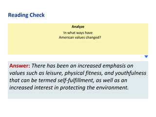Reading Check
Analyze
In what ways have
American values changed?

Answer: There has been an increased emphasis on
values such as leisure, physical fitness, and youthfulness
that can be termed self-fulfillment, as well as an
increased interest in protecting the environment.

 