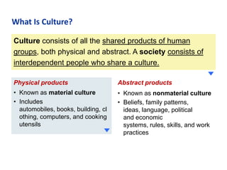 What Is Culture?
Culture consists of all the shared products of human
groups, both physical and abstract. A society consists of
interdependent people who share a culture.
Physical products

Abstract products

• Known as material culture
• Includes
automobiles, books, building, cl
othing, computers, and cooking
utensils

• Known as nonmaterial culture
• Beliefs, family patterns,
ideas, language, political
and economic
systems, rules, skills, and work
practices

 