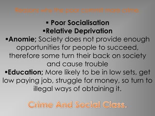 Reasons why the poor commit more crime.

               Poor Socialisation
             Relative Deprivation
 Anomie; Society does not provide enough
    opportunities for people to succeed,
  therefore some turn their back on society
              and cause trouble
 Education; More likely to be in low sets, get
low paying job, struggle for money, so turn to
         illegal ways of obtaining it.
 
