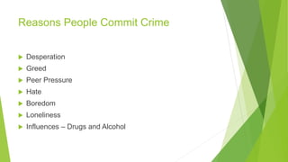 Reasons People Commit Crime
 Desperation
 Greed
 Peer Pressure
 Hate
 Boredom
 Loneliness
 Influences – Drugs and Alcohol
 