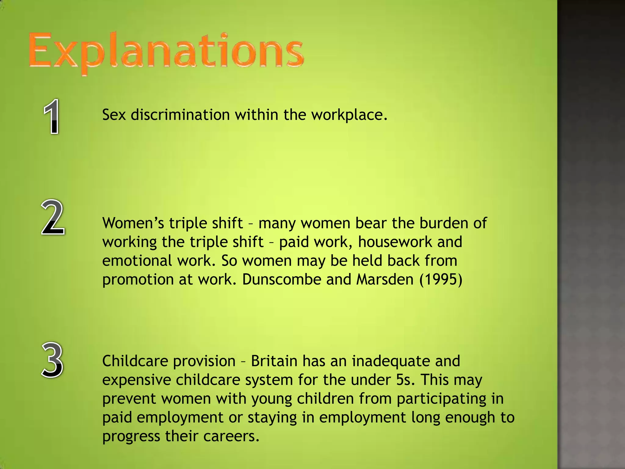 Sex discrimination within the workplace.




Women’s triple shift – many women bear the burden of
working the triple shift – paid work, housework and
emotional work. So women may be held back from
promotion at work. Dunscombe and Marsden (1995)




Childcare provision – Britain has an inadequate and
expensive childcare system for the under 5s. This may
prevent women with young children from participating in
paid employment or staying in employment long enough to
progress their careers.
 