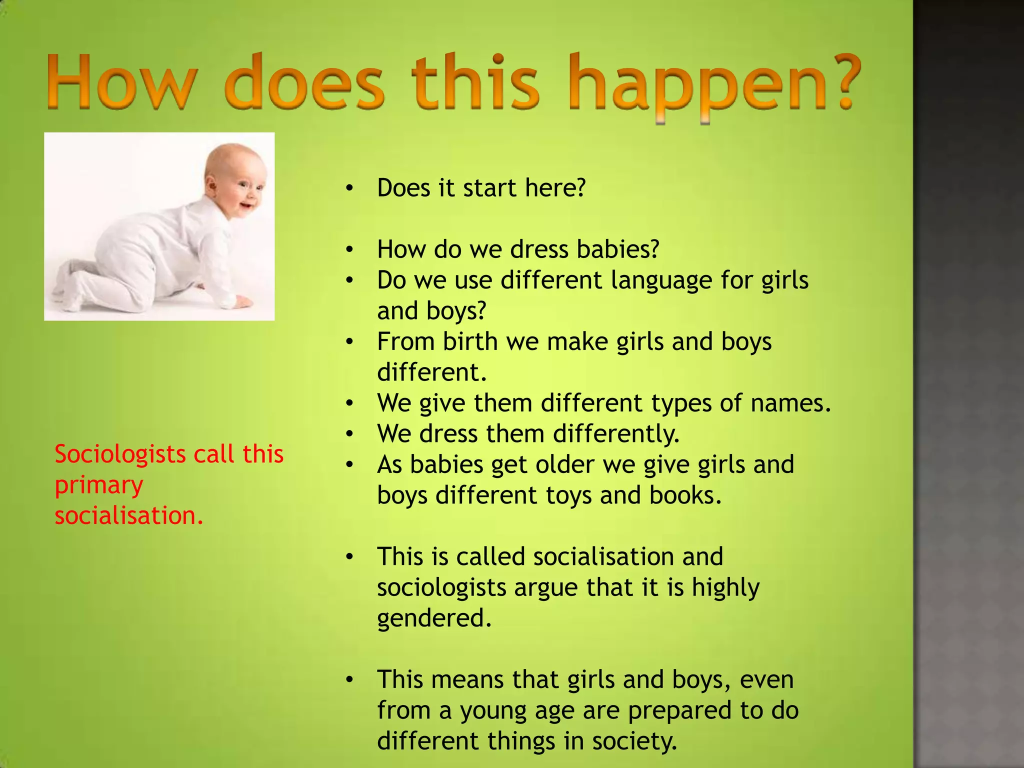 • Does it start here?

                         • How do we dress babies?
                         • Do we use different language for girls
                           and boys?
                         • From birth we make girls and boys
                           different.
                         • We give them different types of names.
                         • We dress them differently.
Sociologists call this   • As babies get older we give girls and
primary                    boys different toys and books.
socialisation.
                         • This is called socialisation and
                           sociologists argue that it is highly
                           gendered.

                         • This means that girls and boys, even
                           from a young age are prepared to do
                           different things in society.
 