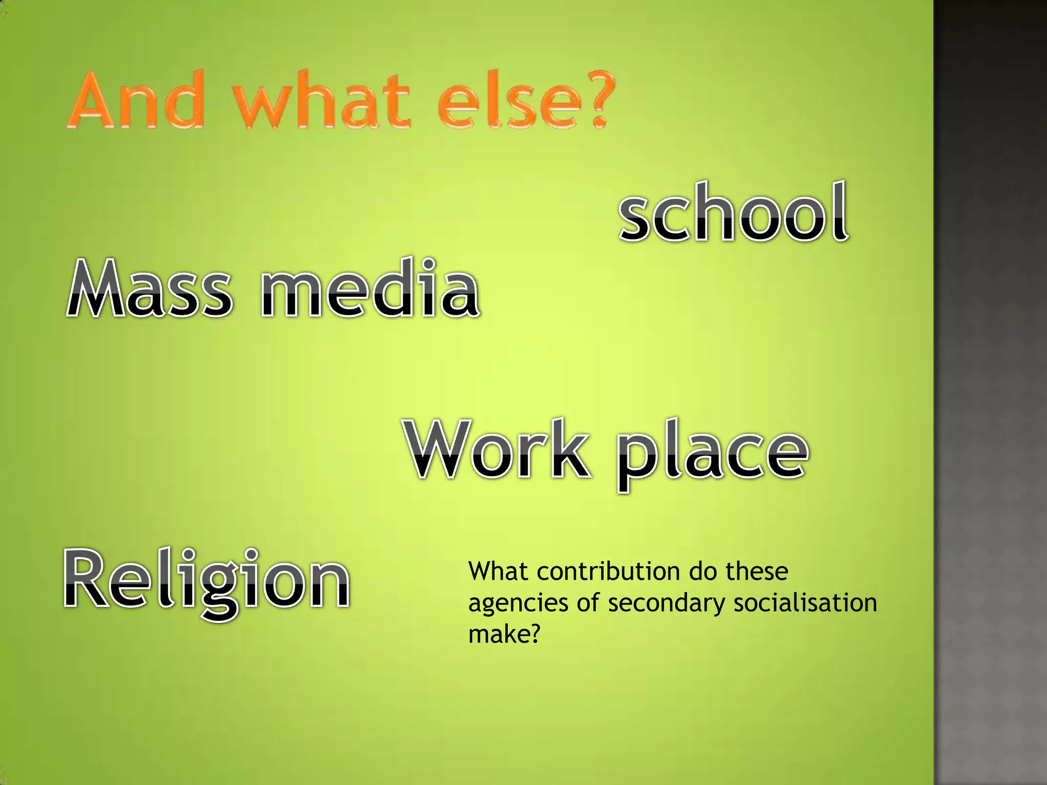 What contribution do these
agencies of secondary socialisation
make?
 