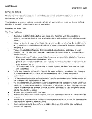 As such, all this research suggests that teachers tend to expect more from middle class students, and are more likely to convey their expectations to them and act in terms of it.  The result is a self-fulfilling prophecy, whereby teachers expectations of students future behaviour and attainment will tend to come true.2. Banding, Setting and Streaming<br />A number of studies by Ball, Hargreaves and Lacey have looked at the effects of ability grouping in secondary schools.  In general they found a tendency for middle class students to be placed in higher groups and for working class students to be placed in the lower groups.They found that teachers tend to have lower expectations of working class students, deny them access to higher level knowledge and tend to enter them for lower level examination tiers. Gender and Achievement<br />Some patterns and trends<br />Both girls and boys are doing better.  Over the last 50 years the educational performance of boys has steadily improved.  The performance of girls has risen at a faster rate at some levels and in some subjects.  As Coffey (2200) suggests, this hardly justifies labelling all boys as underachievers.