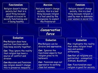 Conservative force Functionalism Religion doesn’t change society but that is a good thing because religion is crucial to s...
