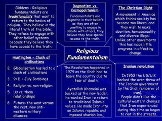 Religious Fundamentalism Giddens - Religious fundamentalists are  traditionalists  that want to return to the basics of re...