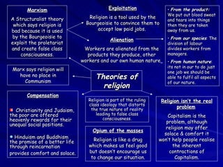 Theories of religion Marxism A Structuralist theory which says religion is bad because it is used by the Bourgeoisie to ex...