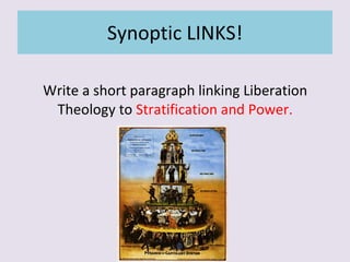 Synoptic LINKS! Write a short paragraph linking Liberation Theology to  Stratification and Power. 