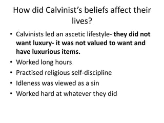 How did Calvinist’s beliefs affect their lives?Calvinists led an ascetic lifestyle- they did not want luxury- it was not valued to want and have luxurious items.Worked long hoursPractised religious self-disciplineIdleness was viewed as a sinWorked hard at whatever they did