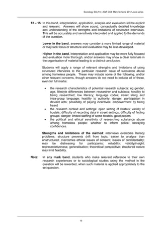 Sociology SCLY4 - AQA GCE Mark Scheme 2012 June series




12 – 15 In this band, interpretation, application, analysis and evaluation will be explicit
        and relevant. Answers will show sound, conceptually detailed knowledge
        and understanding of the strengths and limitations of structured interviews.
        This will be accurately and sensitively interpreted and applied to the demands
        of the question.

         Lower in the band, answers may consider a more limited range of material
         or may lack focus or structure and evaluation may be less developed.

         Higher in the band, interpretation and application may be more fully focused
         and evaluation more thorough, and/or answers may show a clear rationale in
         the organisation of material leading to a distinct conclusion.

         Students will apply a range of relevant strengths and limitations of using
         structured interviews to the particular research issue of substance abuse
         among homeless people. These may include some of the following, and/or
         other relevant concerns, though answers do not need to include all of these,
         even for full marks:

              the research characteristics of potential research subjects: eg gender,
               age, lifestyle differences between researcher and subjects; hostility to
               being researched; low literacy; language codes; street slang and
               intra-group language; hostility to authority; danger; participation in
               deviant acts; possibility of paying incentives; empowerment by being
               heard
              the research context and settings: open setting of hostels; variety of
               hostels; difficulty of recording data in street settings; difficulty of finding
               groups; danger; limited staffing of some hostels; gatekeepers
              the political and ethical sensitivity of researching substance abuse
               among homeless people: whether to inform police; betraying
               confidences.

         Strengths and limitations of the method: interviews overcome literacy
         problems; structure prevents drift from topic; easier to analyse than
         unstructured; overcomes ethical issues of consent; issues of confidentiality;
         may     be     distressing for    participants;   reliability;  validity/insight;
         representativeness; generalisation; theoretical perspective; structured nature
         may limit flexibility.

Note:    In any mark band, students who make relevant reference to their own
         research experiences or to sociological studies using the method in the
         question will be rewarded, when such material is applied appropriately to the
         set question.




                                       10
 