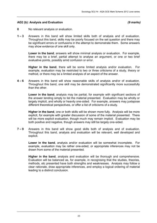Sociology SCLY4 - AQA GCE Mark Scheme 2012 June series




AO2 (b): Analysis and Evaluation                                                            (9 marks)

0      No relevant analysis or evaluation.

1–3    Answers in this band will show limited skills both of analysis and of evaluation.
       Throughout this band, skills may be poorly focused on the set question and there may
       be significant errors or confusions in the attempt to demonstrate them. Some answers
       may show evidence of one skill only.

       Lower in the band, answers will show minimal analysis or evaluation. For example,
       there may be a brief, partial attempt to analyse an argument, or one or two brief
       evaluative points, possibly amid confusion or error.

       Higher in the band, there will be some limited analysis and/or evaluation. For
       example, evaluation may be restricted to two or three criticisms of a study, theory or
       method, or there may be a limited analysis of an aspect of the answer.

4–6    Answers in this band will show reasonable skills of analysis and/or of evaluation.
       Throughout this band, one skill may be demonstrated significantly more successfully
       than the other.

       Lower in the band, analysis may be partial, for example with significant sections of
       the answer tending simply to list the material presented. Evaluation may be wholly or
       largely implicit, and wholly or heavily one-sided. For example, answers may juxtapose
       different theoretical perspectives, or offer a list of criticisms of a study.

       Higher in the band, one or both skills will be shown more fully. Analysis will be more
       explicit, for example with greater discussion of some of the material presented. There
       will be more explicit evaluation, though much may remain implicit. Evaluation may be
       both positive and negative, though answers may still be largely one-sided.

7–9    Answers in this band will show good skills both of analysis and of evaluation.
       Throughout this band, analysis and evaluation will be relevant, well developed and
       explicit.

       Lower in the band, analysis and/or evaluation will be somewhat incomplete. For
       example, evaluation may be rather one-sided, or appropriate inferences may not be
       drawn from some of the material presented.

       Higher in the band, analysis and evaluation will be thorough and comprehensive.
       Evaluation will be balanced as, for example, in recognising that the studies, theories,
       methods, etc presented have both strengths and weaknesses. Analysis may follow a
       clear rationale, draw appropriate inferences, and employ a logical ordering of material
       leading to a distinct conclusion.




                                             23
 