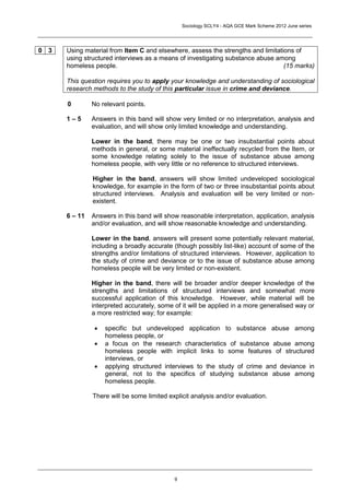 Sociology SCLY4 - AQA GCE Mark Scheme 2012 June series




0 3   Using material from Item C and elsewhere, assess the strengths and limitations of
      using structured interviews as a means of investigating substance abuse among
      homeless people.                                                           (15 marks)

      This question requires you to apply your knowledge and understanding of sociological
      research methods to the study of this particular issue in crime and deviance.

      0        No relevant points.

      1–5      Answers in this band will show very limited or no interpretation, analysis and
               evaluation, and will show only limited knowledge and understanding.

               Lower in the band, there may be one or two insubstantial points about
               methods in general, or some material ineffectually recycled from the Item, or
               some knowledge relating solely to the issue of substance abuse among
               homeless people, with very little or no reference to structured interviews.

               Higher in the band, answers will show limited undeveloped sociological
               knowledge, for example in the form of two or three insubstantial points about
               structured interviews. Analysis and evaluation will be very limited or non-
               existent.

      6 – 11   Answers in this band will show reasonable interpretation, application, analysis
               and/or evaluation, and will show reasonable knowledge and understanding.

               Lower in the band, answers will present some potentially relevant material,
               including a broadly accurate (though possibly list-like) account of some of the
               strengths and/or limitations of structured interviews. However, application to
               the study of crime and deviance or to the issue of substance abuse among
               homeless people will be very limited or non-existent.

               Higher in the band, there will be broader and/or deeper knowledge of the
               strengths and limitations of structured interviews and somewhat more
               successful application of this knowledge. However, while material will be
               interpreted accurately, some of it will be applied in a more generalised way or
               a more restricted way; for example:

                   specific but undeveloped application to substance abuse among
                    homeless people, or
                   a focus on the research characteristics of substance abuse among
                    homeless people with implicit links to some features of structured
                    interviews, or
                   applying structured interviews to the study of crime and deviance in
                    general, not to the specifics of studying substance abuse among
                    homeless people.

               There will be some limited explicit analysis and/or evaluation.




                                            9
 