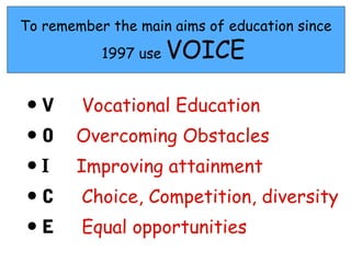 To remember the main aims of education since
           1997 use   VOICE

•V      Vocational Education
•O     Overcoming Obstacles
•I     Improving attainment
•C      Choice, Competition, diversity
•E      Equal opportunities
 