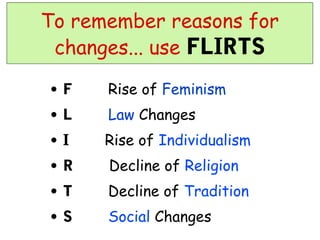 To remember reasons for
 changes... use FLIRTS

•F    Rise of Feminism
• L   Law Changes
•I    Rise of Individualism
• R   Decline of Religion
• T   Decline of Tradition
•S    Social Changes
 