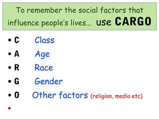 To remember the social factors that
influence people’s lives...   use CARGO

•   C    Class
• A      Age
• R      Race
• G      Gender
• O     Other factors     (religion, media etc)

•
 