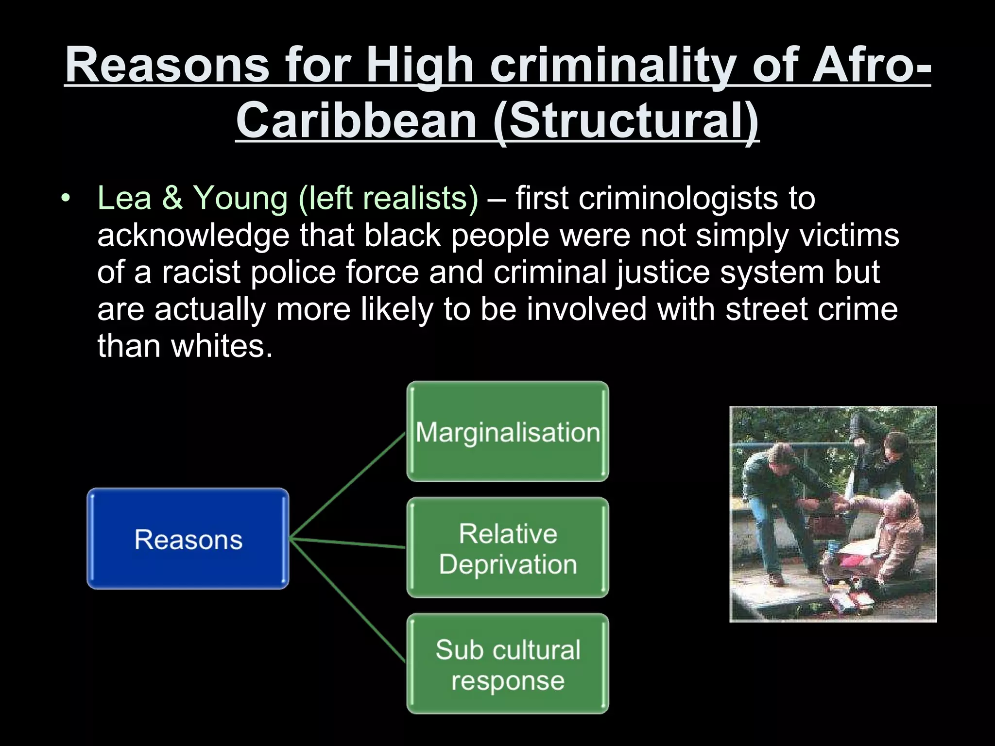 Reasons for High criminality of Afro-Caribbean (Structural) Lea & Young (left realists)  – first criminologists to acknowledge that black people were not simply victims of a racist police force and criminal justice system but are actually more likely to be involved with street crime than whites.  