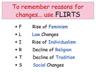 To remember reasons for
 changes... use FLIRTS

•F    Rise of Feminism
• L   Law Changes
•I    Rise of Individualism
• R   Decline of Religion
• T   Decline of Tradition
•S    Social Changes
 