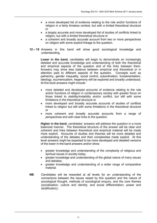 Sociology SCLY3 - AQA GCE Mark Scheme 2011 January series




       •   a more developed list of evidence relating to the role and/or functions of
           religion in a fairly timeless context, but with a limited theoretical structure
           or
       •   a largely accurate and more developed list of studies of conflicts linked to
           religion, but with a limited theoretical structure or
       •   a coherent and broadly accurate account from two or more perspectives
           on religion with some explicit linkage to the question.

12 – 15 Answers in this band will show good sociological knowledge and
        understanding.

       Lower in the band, candidates will begin to demonstrate an increasingly
       detailed and accurate knowledge and understanding of both the theoretical
       and empirical aspects of the question and of the links between them.
       Answers may show less balance between empirical and theoretical or in
       attention paid to different aspects of the question. Concepts such as
       patriarchy, gender inequality, social control, subordination, fundamentalism,
       ideology, ecumenicalism, hegemony will be explored and broadly understood.
       At this level answers might include:

       •   more detailed and developed accounts of evidence relating to the role
           and/or functions of religion in contemporary society with greater focus on
           those linked to stability/instability and/or conflict, but still with some
           limitations in the theoretical structure or
       •   more developed and broadly accurate accounts of studies of conflicts
           linked to religion but still with some limitations in the theoretical structure
           or
       •   more coherent and broadly accurate accounts from a range of
           perspectives and with clear links to the question.

       Higher in the band, candidates’ answers will address the question in a more
       balanced manner. The theoretical structure of the answer will be clear and
       coherent and links between theoretical and empirical material will be made
       more explicit. Accounts of studies and theories will be more detailed and
       understanding of the debates and their complexities made explicit. At this
       level answers might be expected to be more developed and detailed versions
       of the lower in the band answers and/or show:

       •   greater knowledge and understanding of the complexity of religious and
           spiritual issues in society today;
       •   greater knowledge and understanding of the global nature of many issues
           and debates;
       •   greater knowledge and understanding of a wider range of comparative
           material.

NB     Candidates will be rewarded at all levels for an understanding of the
       connections between the issues raised by this question and the nature of
       sociological thought, methods of sociological enquiry, and the core themes
       (socialisation, culture and identity; and social differentiation, power and
       stratification).




                                     11
 