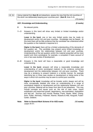 Sociology SCLY3 - AQA GCE Mark Scheme 2011 January series




0   6   Using material from Item B and elsewhere, assess the view that the rich countries of
        the world ‘are deliberately keeping poor countries poor’, (Item B, lines 3–4).
                                                                                       (18 marks)

        AO1: Knowledge and Understanding                                                     (6 marks)

        0       No relevant points.

        1–3     Answers in this band will show very limited or limited knowledge and/or
                understanding.

                Lower in the band, one or two very limited points may be made on
                development and/or rich and poor countries. Knowledge may be flawed. At
                this level there will be little evidence that the candidate has understood either
                the question or the material in response to it.

                Higher in the band, there will be a limited understanding of the demands of
                the question set. The candidate may present some limited knowledge on
                development and/or the relationships between rich and poor countries.
                Understanding of the set question and/or the material presented will be more
                explicit and more sociological, for example, a competent if basic account of
                one or two case studies of development.

        4–6     Answers in this band will have a reasonable or good knowledge and
                understanding.

                Lower in the band, answers will show a reasonable knowledge and
                understanding of some sociological material on the evidence concerning
                development and the relationships between rich and poor countries. There
                may be a tendency to present material in a list-like manner, for example
                describing two or three case studies on development or listing some of the
                ways in which rich countries may be seen to control poor countries.

                Higher in the band, knowledge will be broader and/or deeper and will be
                more conceptually detailed and show an understanding of a range of
                sociological material on development and the relationship between rich and
                poor countries. Material will be drawn from Item B and elsewhere. This may
                include concepts and issues such as: the role of cash crops, import
                substitution and export-led growth, dependency, neo-colonialism, exploitation
                and tied aid. Sources may include: Rostow, Frank, Hayter, Sklair, Chang,
                Amin, Potter, Kennedy, Friedman, Warren, Roberts & Hite, Hoogvelt, Foster-
                Carter, Giddens.

        Note:    Refer to General Mark Scheme A for AO2 marks                               (12 marks)
                 (pages 36-37)




                                             14
 