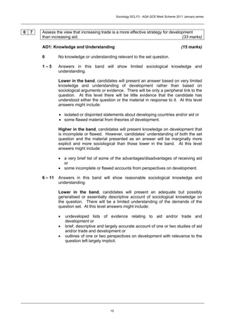 Sociology SCLY3 - AQA GCE Mark Scheme 2011 January series




0   7   Assess the view that increasing trade is a more effective strategy for development
        than increasing aid.                                                         (33 marks)

        AO1: Knowledge and Understanding                                                     (15 marks)

        0        No knowledge or understanding relevant to the set question.

        1–5      Answers in this band will show limited sociological knowledge and
                 understanding.

                 Lower in the band, candidates will present an answer based on very limited
                 knowledge and understanding of development rather than based on
                 sociological arguments or evidence. There will be only a peripheral link to the
                 question. At this level there will be little evidence that the candidate has
                 understood either the question or the material in response to it. At this level
                 answers might include:

                 • isolated or disjointed statements about developing countries and/or aid or
                 • some flawed material from theories of development.

                 Higher in the band, candidates will present knowledge on development that
                 is incomplete or flawed. However, candidates’ understanding of both the set
                 question and the material presented as an answer will be marginally more
                 explicit and more sociological than those lower in the band. At this level
                 answers might include:

                 • a very brief list of some of the advantages/disadvantages of receiving aid
                   or
                 • some incomplete or flawed accounts from perspectives on development.

        6 – 11   Answers in this band will show reasonable sociological knowledge and
                 understanding.

                 Lower in the band, candidates will present an adequate but possibly
                 generalised or essentially descriptive account of sociological knowledge on
                 the question. There will be a limited understanding of the demands of the
                 question set. At this level answers might include:

                 •   undeveloped lists of evidence relating to aid and/or trade and
                     development or
                 •   brief, descriptive and largely accurate account of one or two studies of aid
                     and/or trade and development or
                 •   outlines of one or two perspectives on development with relevance to the
                     question left largely implicit.




                                              15
 
