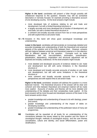 Sociology SCLY3 - AQA GCE Mark Scheme 2011 January series




       Higher in the band, candidates will present a fuller though possibly still
       unbalanced response to the question. Answers may still be somewhat
       descriptive or narrowly focused, for example providing a descriptive account
       of one developing country. At this level answers might include:

       •   more developed lists of evidence relating to aid and trade and
           development, but with a limited theoretical structure or
       •   a largely accurate and more developed list of studies of development, aid
           and trade, but with a limited theoretical structure or
       •   a coherent and broadly accurate account from two or more perspectives
           and with explicit links to aid and/or trade.

12 – 15 Answers in this band will show good sociological knowledge and
        understanding.

       Lower in the band, candidates will demonstrate an increasingly detailed and
       accurate knowledge and understanding of both the theoretical and empirical
       aspects of the question and of the links between them. However, answers
       still lack balance between empirical and theoretical material or in the attention
       paid to different aspects of the question.         Concepts such as trade
       liberalisation, tied aid, neo-colonialism, domination, subordination,
       globalisation, dependency, imperialism and structural adjustment will be
       explored and broadly understood. At this level answers might include:

       •   more detailed and developed accounts of evidence related to aid, trade
           and development but still with some limitations in the theoretical
           structure or
       •   more developed and broadly accurate accounts of studies on aid, trade
           and development, but still with some limitations in the theoretical
           structure or
       •   more coherent and broadly accurate accounts from a range of
           perspectives and with explicit links to aid and/or trade.

       Higher in the band, candidates’ answers will address the question in a more
       balanced manner. The theoretical structure of the answer will be clear and
       coherent and links between theoretical and empirical material will be made
       more explicit. Accounts of studies and theories will be more detailed and
       understanding of the debates and their complexities made explicit. At this
       level answers will be more focused and developed versions of the lower in the
       band answers and/or show:

       •   greater knowledge and understanding of issues to do with ideology, power
           and control;
       •   greater knowledge and understanding of the impact of debts on
           developing countries;
       •   greater knowledge and understanding of the politicised nature of many aid
           programmes.

NB     Candidates will be rewarded at all levels for an understanding of the
       connections between the issues raised by this question and the nature of
       sociological thought, methods of sociological enquiry, and the core themes
       (socialisation, culture and identity; and social differentiation, power and
       stratification).




                                    16
 