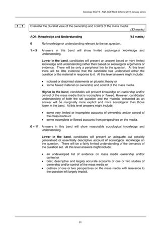 Sociology SCLY3 - AQA GCE Mark Scheme 2011 January series




1   1   Evaluate the pluralist view of the ownership and control of the mass media.
                                                                                             (33 marks)

        AO1: Knowledge and Understanding                                                    (15 marks)

        0        No knowledge or understanding relevant to the set question.

        1–5      Answers in this band will show limited sociological knowledge and
                 understanding.

                 Lower in the band, candidates will present an answer based on very limited
                 knowledge and understanding rather than based on sociological arguments or
                 evidence. There will be only a peripheral link to the question. At this level
                 there will be little evidence that the candidate has understood either the
                 question or the material in response to it. At this level answers might include:

                 •   isolated or disjointed statements on pluralist theory or
                 •   some flawed material on ownership and control of the mass media.

                 Higher in the band, candidates will present knowledge on ownership and/or
                 control of the mass media that is incomplete or flawed. However, candidates’
                 understanding of both the set question and the material presented as an
                 answer will be marginally more explicit and more sociological than those
                 lower in the band. At this level answers might include:

                 •   some very limited or incomplete accounts of ownership and/or control of
                     the mass media or
                 •   some incomplete or flawed accounts from perspectives on the media.

        6 – 11   Answers in this band will show reasonable sociological knowledge and
                 understanding.

                 Lower in the band, candidates will present an adequate but possibly
                 generalised or essentially descriptive account of sociological knowledge on
                 the question. There will be a fairly limited understanding of the demands of
                 the question set. At this level answers might include:

                 •   an undeveloped list of evidence on mass media ownership and/or
                     control or
                 •   brief, descriptive and largely accurate accounts of one or two studies of
                     ownership and/or control of the mass media or
                 •   outlines of one or two perspectives on the mass media with relevance to
                     the question left largely implicit.




                                             23
 
