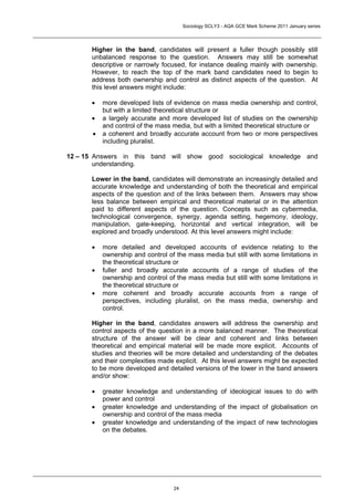 Sociology SCLY3 - AQA GCE Mark Scheme 2011 January series




       Higher in the band, candidates will present a fuller though possibly still
       unbalanced response to the question. Answers may still be somewhat
       descriptive or narrowly focused, for instance dealing mainly with ownership.
       However, to reach the top of the mark band candidates need to begin to
       address both ownership and control as distinct aspects of the question. At
       this level answers might include:

       •   more developed lists of evidence on mass media ownership and control,
           but with a limited theoretical structure or
       •   a largely accurate and more developed list of studies on the ownership
           and control of the mass media, but with a limited theoretical structure or
       •   a coherent and broadly accurate account from two or more perspectives
           including pluralist.

12 – 15 Answers in this band will show good sociological knowledge and
        understanding.

       Lower in the band, candidates will demonstrate an increasingly detailed and
       accurate knowledge and understanding of both the theoretical and empirical
       aspects of the question and of the links between them. Answers may show
       less balance between empirical and theoretical material or in the attention
       paid to different aspects of the question. Concepts such as cybermedia,
       technological convergence, synergy, agenda setting, hegemony, ideology,
       manipulation, gate-keeping, horizontal and vertical integration, will be
       explored and broadly understood. At this level answers might include:

       •   more detailed and developed accounts of evidence relating to the
           ownership and control of the mass media but still with some limitations in
           the theoretical structure or
       •   fuller and broadly accurate accounts of a range of studies of the
           ownership and control of the mass media but still with some limitations in
           the theoretical structure or
       •   more coherent and broadly accurate accounts from a range of
           perspectives, including pluralist, on the mass media, ownership and
           control.

       Higher in the band, candidates answers will address the ownership and
       control aspects of the question in a more balanced manner. The theoretical
       structure of the answer will be clear and coherent and links between
       theoretical and empirical material will be made more explicit. Accounts of
       studies and theories will be more detailed and understanding of the debates
       and their complexities made explicit. At this level answers might be expected
       to be more developed and detailed versions of the lower in the band answers
       and/or show:

       •   greater knowledge and understanding of ideological issues to do with
           power and control
       •   greater knowledge and understanding of the impact of globalisation on
           ownership and control of the mass media
       •   greater knowledge and understanding of the impact of new technologies
           on the debates.




                                   24
 
