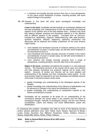 Sociology SCLY3 - AQA GCE Mark Scheme 2011 January series




        •   a coherent and broadly accurate account from two or more perspectives
            on the nature and/or distribution of power, including pluralist, with some
            explicit linkage to the question.

12 – 15 Answers in this band will show good sociological knowledge and
        understanding.

        Lower in the band, candidates will demonstrate an increasingly detailed and
        accurate knowledge and understanding of both the theoretical and empirical
        aspects of the question and of the links between them. Answers may show
        less balance between empirical and theoretical material or in the attention
        paid to different aspects of the question. Concepts such as zero-sum,
        constant-sum, legitimation, oligarchy, Weltanschauung, elite, elite pluralism,
        symbolic resistance, diffusion, hegemony, patriarchy, meritocracy and
        discourses will be explored and broadly understood. At this level answers
        might include:

        •   more detailed and developed accounts of evidence relating to the nature
            and distribution of power in society today, but still with some limitations in
            the theoretical structure or
        •   more developed and broadly accurate accounts of studies of the nature
            and distribution of power in society today, but still with some limitations in
            the theoretical structure or
        •   more coherent and broadly accurate accounts from a range of
            perspectives, including pluralism, and with clear links to the question.

        Higher in the band, candidates will address the question in a more balanced
        manner. The theoretical structure of the answer will be clear and coherent
        and links between theoretical and empirical material will be made more
        explicit. Accounts of studies and theories will be more detailed and
        understanding of the debates and their complexities made explicit. At this
        level answers might be expected to be more developed and detailed versions
        of the lower in the band answers and/or show:

        • greater knowledge and understanding of the ideological aspects of the
          debates
        • greater knowledge and understanding of the influence of globalisation and
          its relevance to changes in the nature and distribution of power
        • greater knowledge and understanding of comparative material on the
          nature and distribution of power.

NB      Candidates will be rewarded at all levels for an understanding of the
        connections between the issues raised in this question and the nature of
        sociological thought, methods of sociological enquiry, and the core themes
        (socialisation, culture and identity; and social differentiation, power and
        stratification).

In answering this question, candidates may refer to some of the following sources
and/or relevant alternative ones: Dahl, Hewitt, Grant, Newton, Bachrach & Baratz,
Lukes, Faulks, Saunders, Hay, Miliband, Poulantzas, Hutton, Giddens, Gramsci,
Mosca, Wright Mills, Moore, Pareto, Philips, Williams.

Note:   Refer to General Mark Scheme B for AO2 marks                                (18 marks)
        (pages 38-41)




                                     35
 
