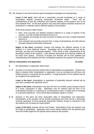 Sociology SCLY3 - AQA GCE Mark Scheme 2011 January series




12 – 15 Answers in this band will show good sociological knowledge and understanding.

        Lower in the band, there will be a reasonably accurate knowledge of a range of
        sociological material conveying reasonable conceptual detail.          There will be
        understanding of both the theoretical and empirical aspects of the question and of the
        links between them. At this level answers may show less balance between empirical and
        theoretical or in attention paid to different aspects of the question.

        At this level answers might include:
        •   fuller, more accurate and detailed empirical material on a range of aspects of the
            question, and with a limited theoretical structure or
        •   more detailed and broadly accurate accounts of studies and with a limited theoretical
            structure or
        •   more coherent and accurate accounts from a range of perspectives and with relevant
            concepts explored and broadly understood.

        Higher in the band, candidates’ answers will address the different aspects of the
        question in a more balanced manner. Knowledge will be comprehensive and will be
        thorough, accurate and conceptually detailed. There will be a clear understanding of the
        theoretical context of the question. Links between theoretical and empirical material will
        be made more explicit. Accounts of studies and theories will be more detailed and
        understanding of the debates and their complexities raised by the question will be explicit.

AO2 (a): Interpretation and Application                                                        (9 marks)

0       No interpretation or application skills shown.

1–3     Answers in this band will show limited skills of interpretation and application. Answers are
        likely to attempt either interpretation or application, may be confused and will have only
        limited success in answering the set question. A large proportion of the material may be
        at a tangent to the question set.

        Lower in the band, interpretation or application of potentially relevant material will be
        very basic, possibly with significant errors.

        Higher in the band, interpretation may take the form of a limited, poorly focused account
        of a study, perspective or idea. Application may for instance take the form of an
        undeveloped example or a reference to a contemporary event, a related area of sociology
        or a personal experience. There will be little sociological insight or context.

4–6     Answers in this band will show reasonable skills of interpretation and application.
        Interpretation of the question will be broadly sociological and there will be a reasonably
        accurate application of some generally appropriate material, though its relevance to the
        set question will not always be made explicit.

        Lower in the band, answers will be more limited. Interpretation of the set question may
        be limited or generalised. Application may involve listing material from the general topic
        area with limited regard for the specific issues raised by the question.




                                                 39
 