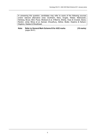 Sociology SCLY3 - AQA GCE Mark Scheme 2011 January series




In answering this question, candidates may refer to some of the following sources
and/or relevant alternative ones: Durkheim, Marx, Engels, Weber, Malinowski,
Herberg, Bruce, Bird, Pryce, Modood et al, O’Beirne, Brierly, Voas & Crocket, Davie,
Rankin, Johal, Mirza et al, Samad, Choudhury, Akthar, Butler, Hopkins & Kahani-
Hopkins, Heelas & Woodhead.

Note:   Refer to General Mark Scheme B for AO2 marks                             (18 marks)
        (pages 38-41)




                                   9
 
