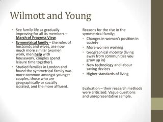 Wilmott and Young
• See family life as gradually        Reasons for the rise in the
  improving for all its members –     symmetrical family;
  March of Progress View              • Changes in woman’s position in
• Symmetrical family – the roles of     society
  husbands and wives, are now         • More women working
  much more similar (women            • Geographical mobility (living
  work, men help with                   away from communities you
  housework, couples spend              grow up in)
  leisure time together).
• Studied families in London and      • New technology and labour
  found the symmetrical family was      saving devices
  more common amongst younger         • Higher standards of living
  couples, those who are
  geographically or socially
  isolated, and the more affluent.    Evaluation – their research methods
                                      were criticized. Vague questions
                                      and unrepresentative sample.
 