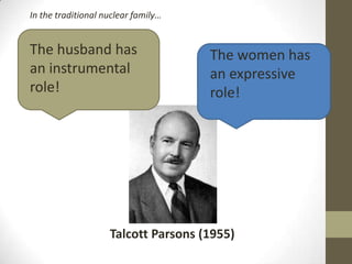 In the traditional nuclear family…


The husband has                      The women has
an instrumental                      an expressive
role!                                role!




                    Talcott Parsons (1955)
 