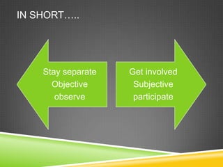 IN SHORT…..




    Stay separate   Get involved
      Objective      Subjective
       observe       participate
 