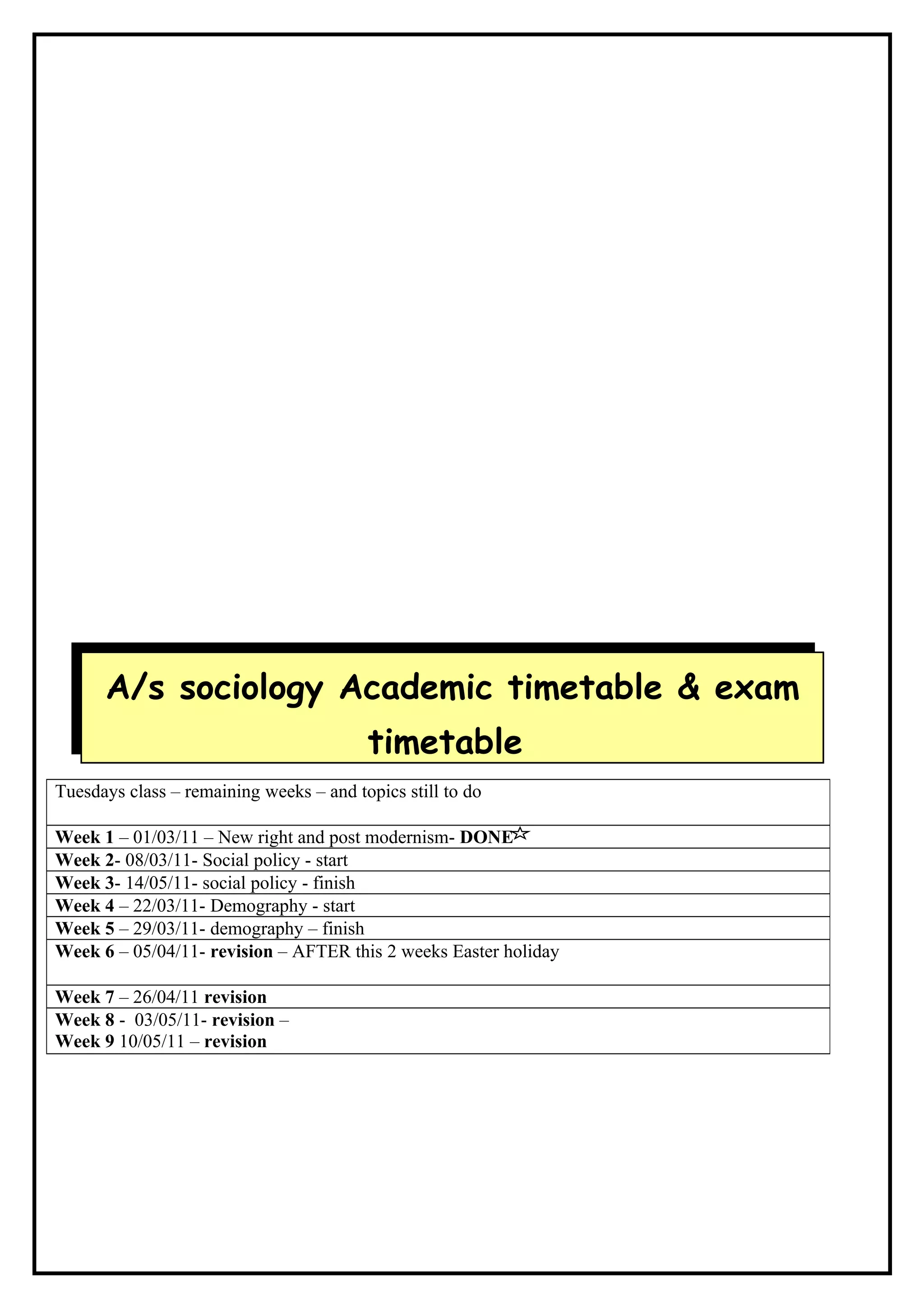 A/s sociology Academic timetable & exam
                                         timetable
Tuesdays class – remaining weeks – and topics still to do

Week 1 – 01/03/11 – New right and post modernism- DONE
Week 2- 08/03/11- Social policy - start
Week 3- 14/05/11- social policy - finish
Week 4 – 22/03/11- Demography - start
Week 5 – 29/03/11- demography – finish
Week 6 – 05/04/11- revision – AFTER this 2 weeks Easter holiday

Week 7 – 26/04/11 revision
Week 8 - 03/05/11- revision –
Week 9 10/05/11 – revision
 