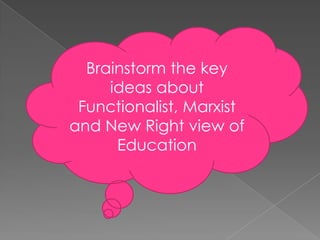 Brainstorm the key ideas about Functionalist, Marxist and New Right view of Education